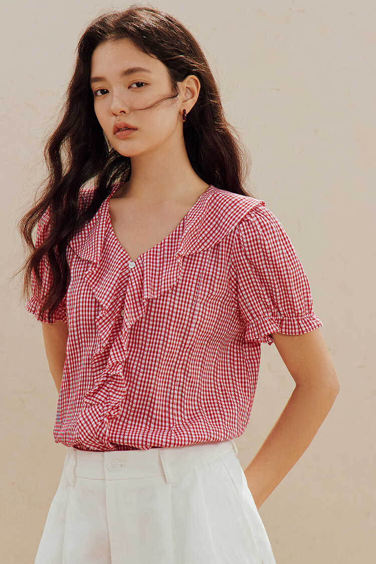 INMAN French Vintage Red Plaid Short Sleeve Shirt 26 Summer New Women's Ruffle Beaded Top Navy Plaid L 20