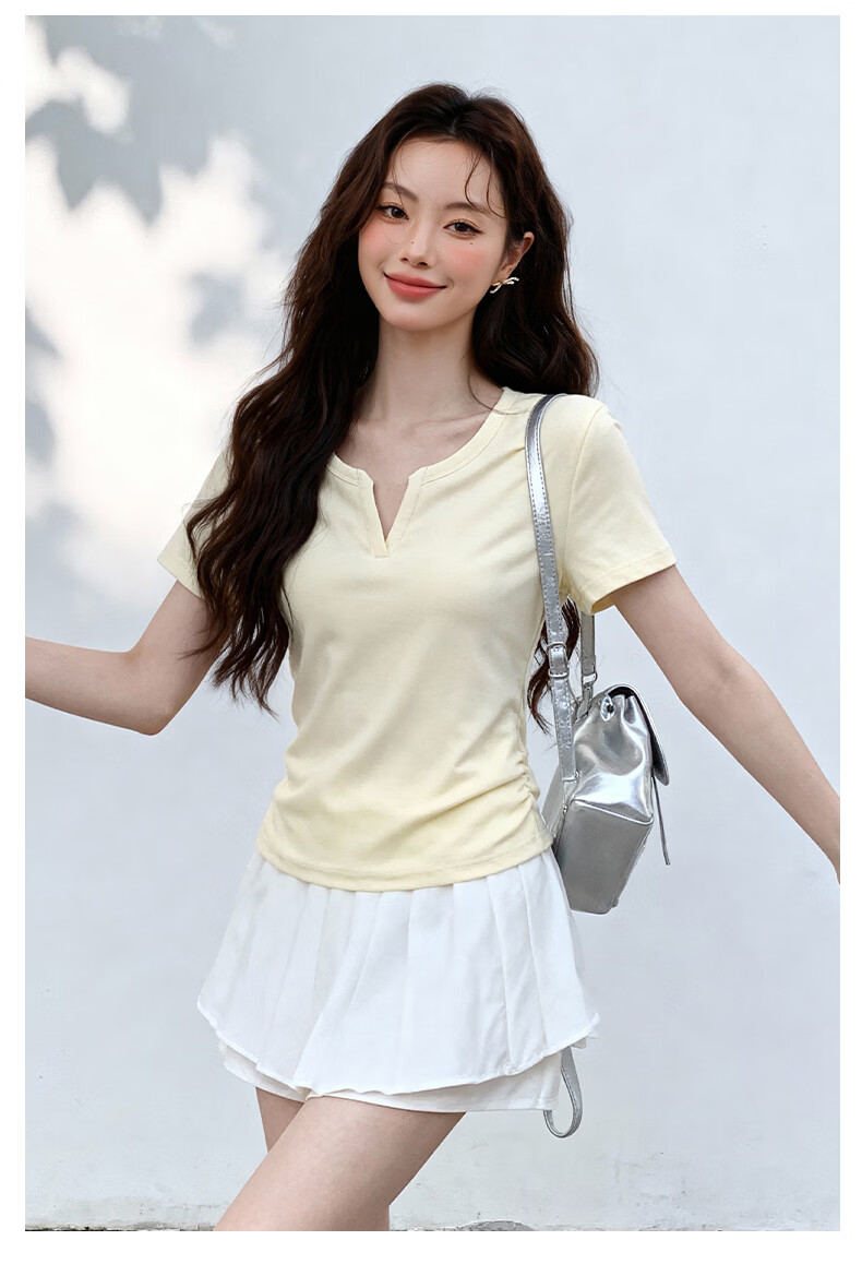 MJ STYLE V-Neck Slim Fit Short Sleeve T-Shirt for Women Summer 2026 New Waist Ruched Slimming Versatile Basic Top 3