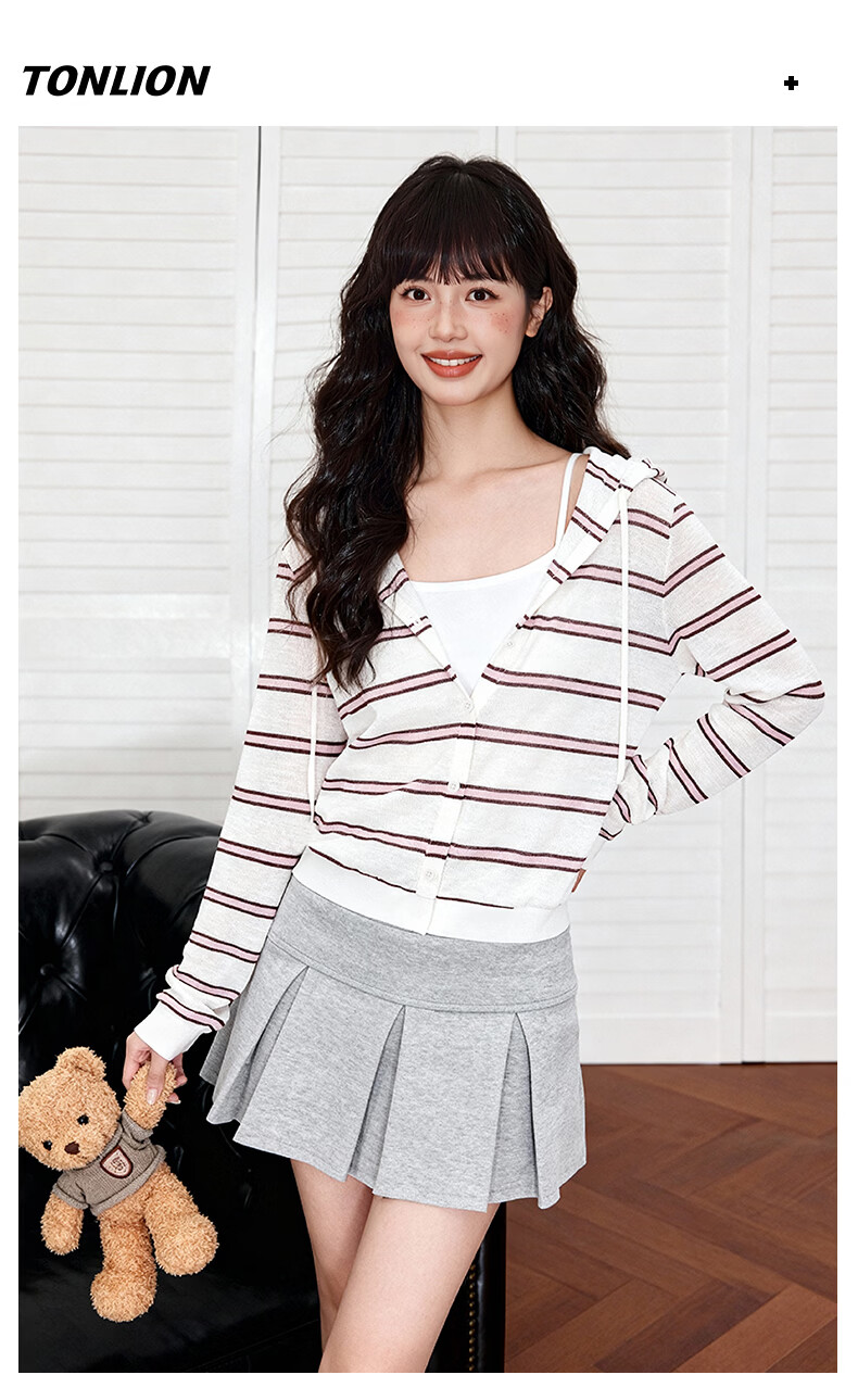 TonLion Women's Hooded Jacket Spring Summer Breathable Cool Striped Design Petite Short Long Sleeve Cardigan 9