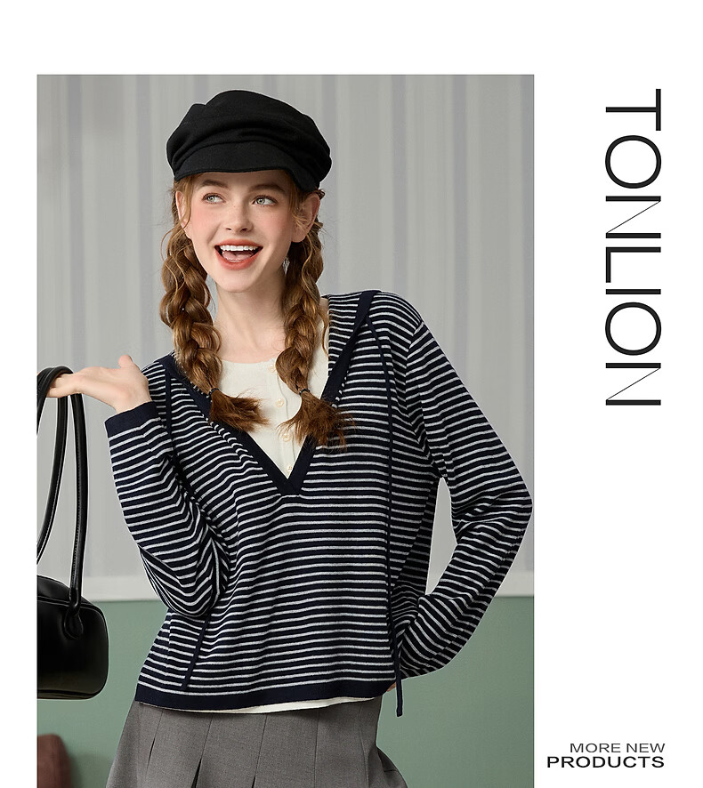 TonLion 2026 Spring Women's Faux Two-Piece Knit Sweater Dark Navy L 8
