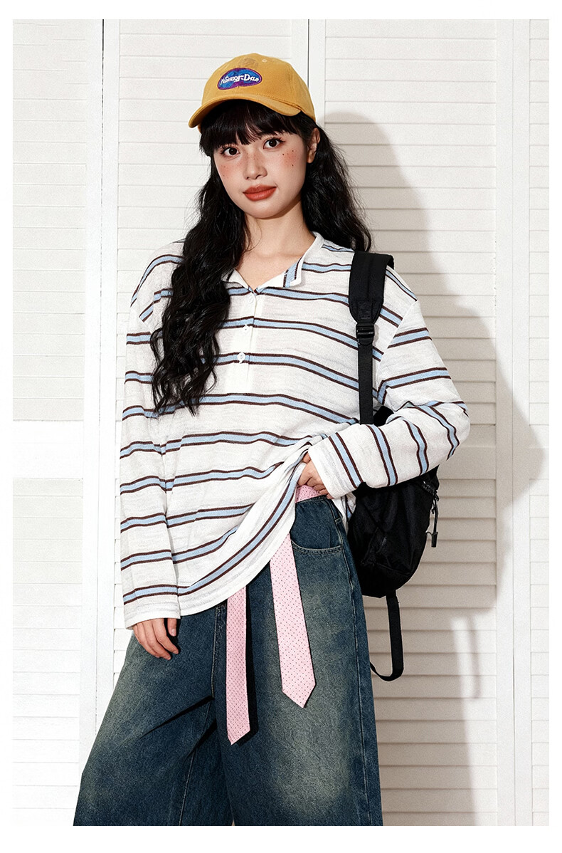 TonLion Women's Long Sleeve Striped Henry Collar T-Shirt Small Fit Spring Summer New Top 12