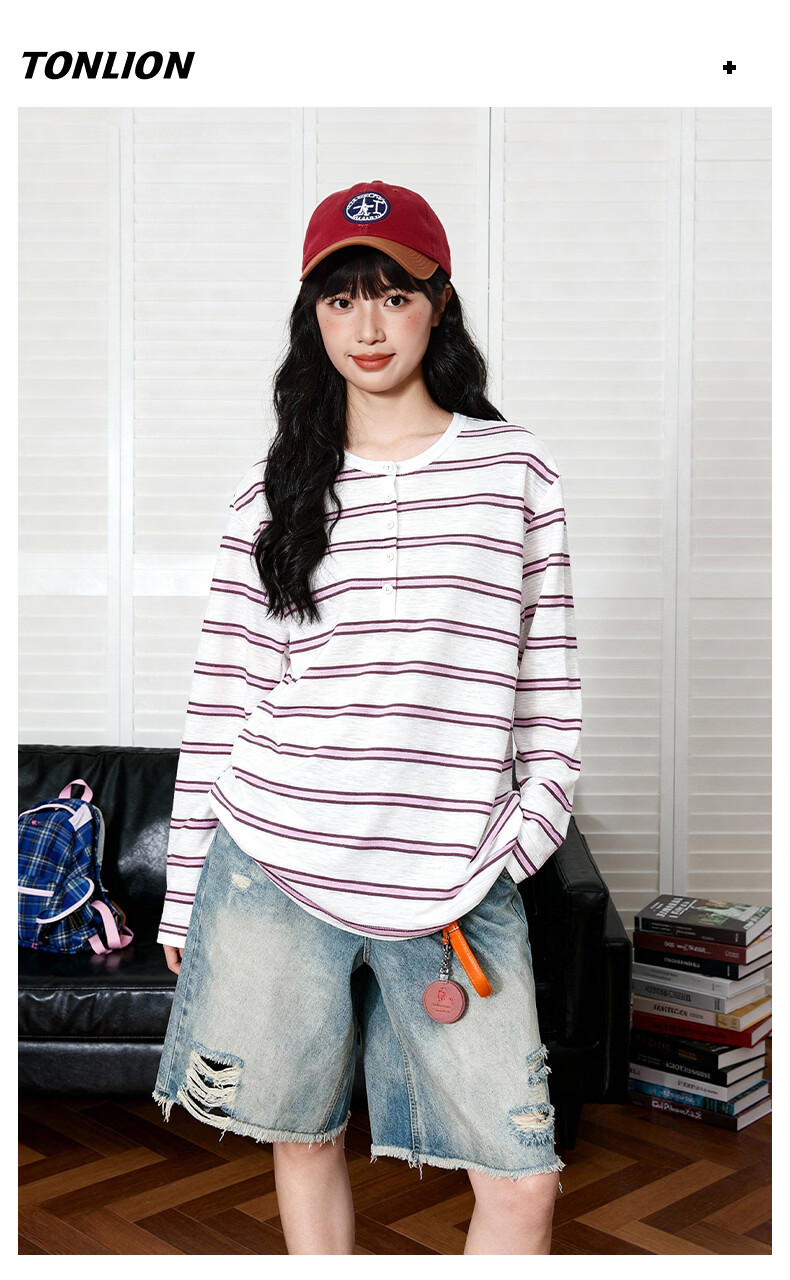 TonLion Women's Long Sleeve Striped Henry Collar T-Shirt Small Fit Spring Summer New Top 9