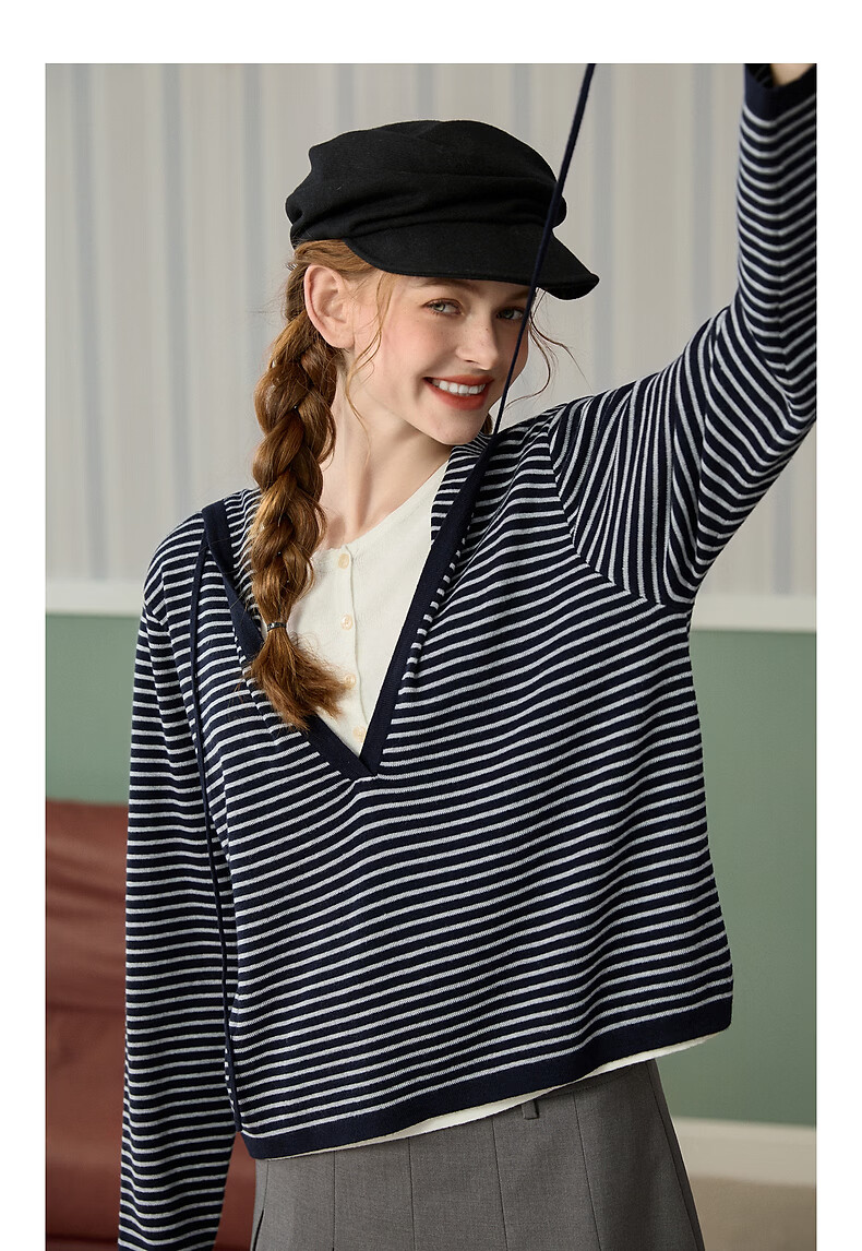 TonLion 2026 Spring Women's Faux Two-Piece Knit Sweater Dark Navy L 9