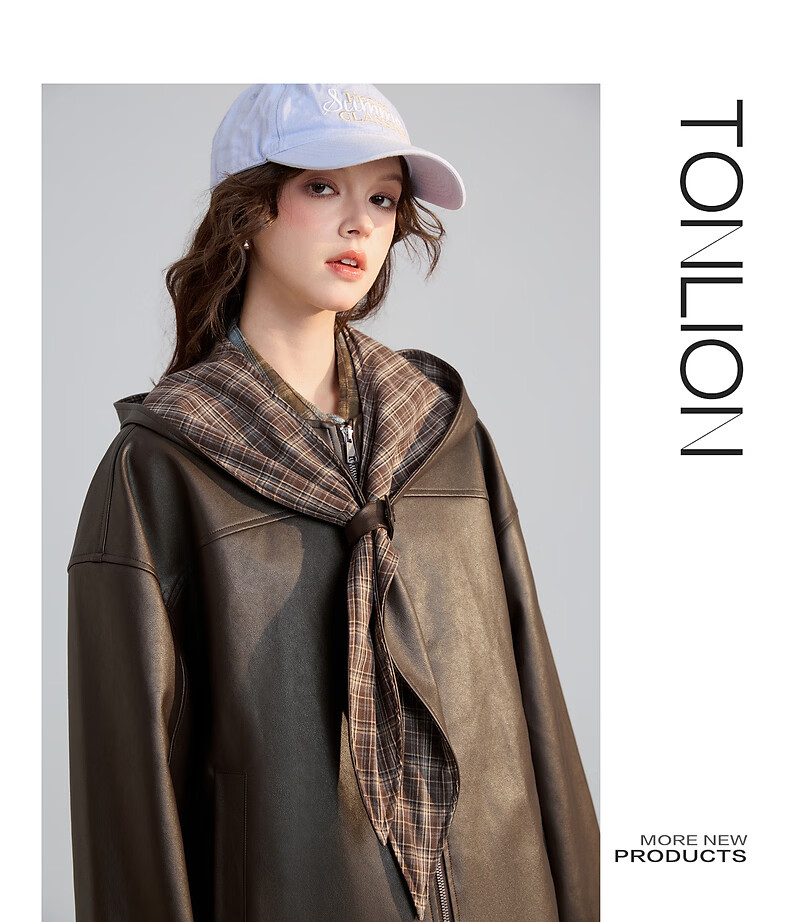 TonLion 2026 Spring Women's Leather Jacket with Hood Vintage Brown S 8