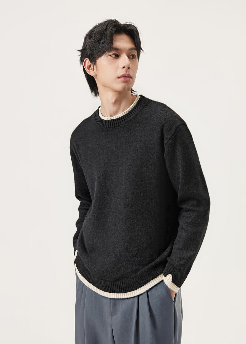 Gxgjeans Men's Casual Layered Look Crew Neck Sweater Knitwear Winter 2025 New Black 2XL (185) 7