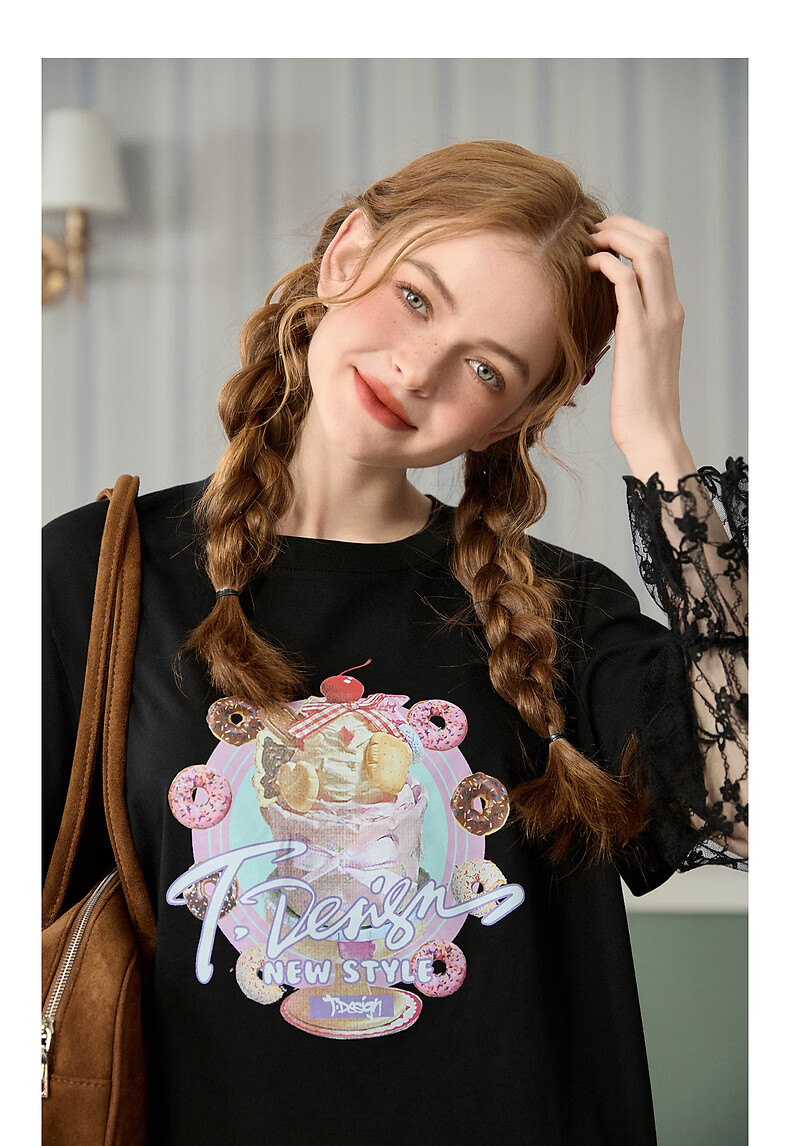 TonLion 2026 Spring Women's Fake Two-Piece Long Sleeve T-Shirt Black M 6