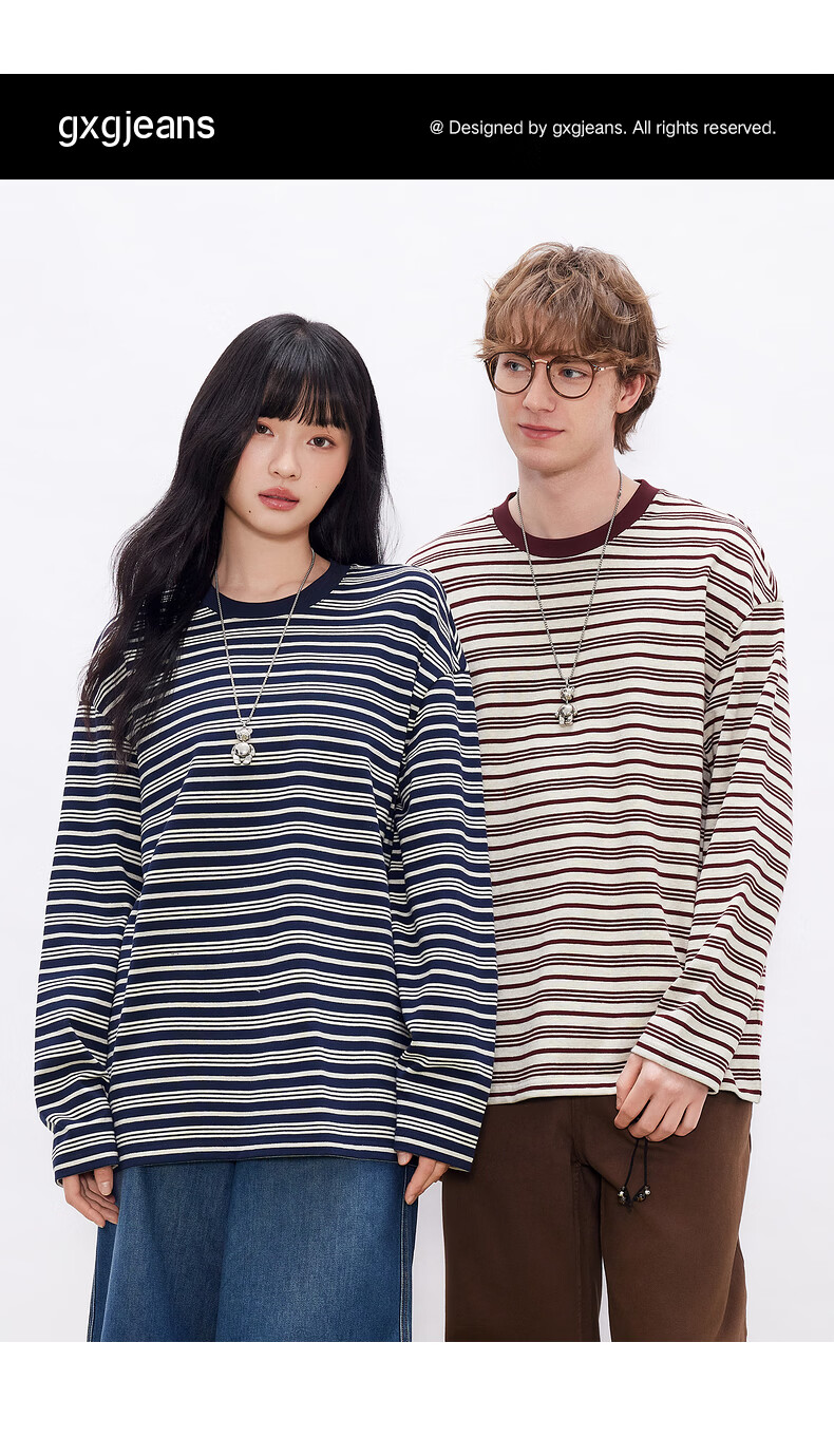 Gxgjeans Men's Striped Loose Casual Crew Neck Long Sleeve T-Shirt 26 Spring New Navy White Stripes L (175) 1