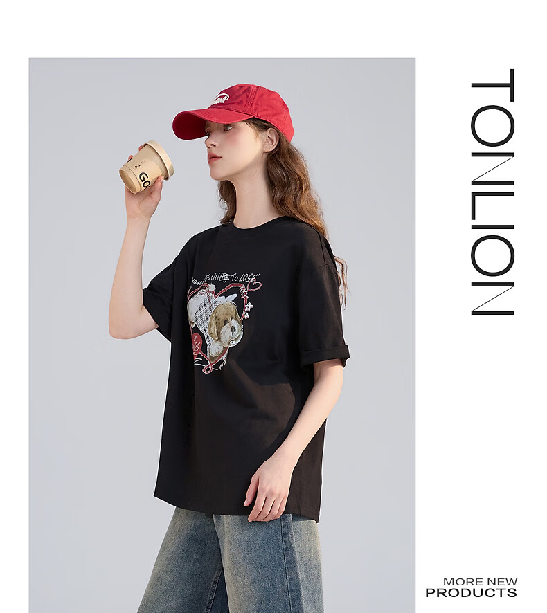 TonLion 2026 Summer New Women's Short Sleeve T-Shirt Black Korean Style Loose Youthful Trendy Brand 8