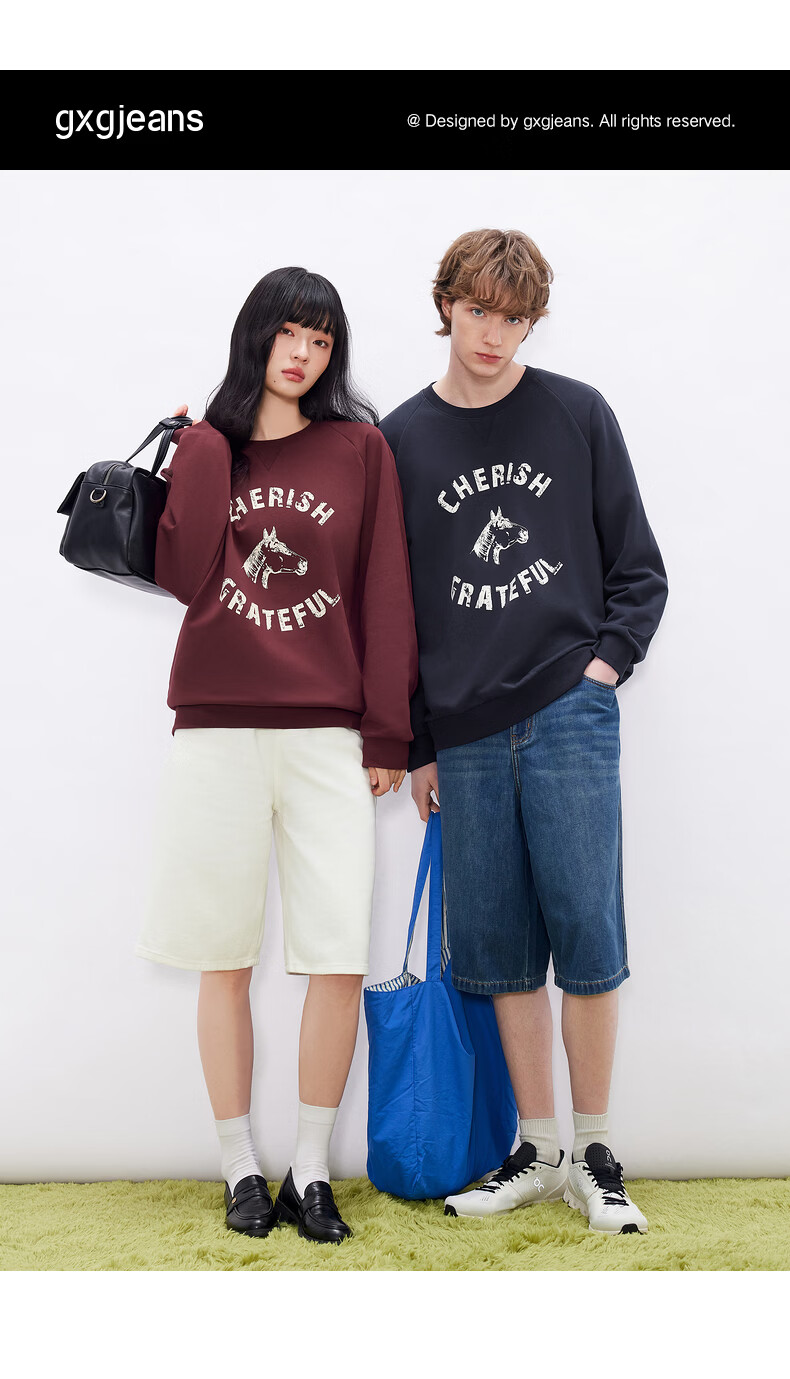 Gxgjeans Men's American Vintage Colorblock Trendy Graphic Loose Fit Crewneck Sweatshirt 26 Spring New Light Gray 180/XL 1