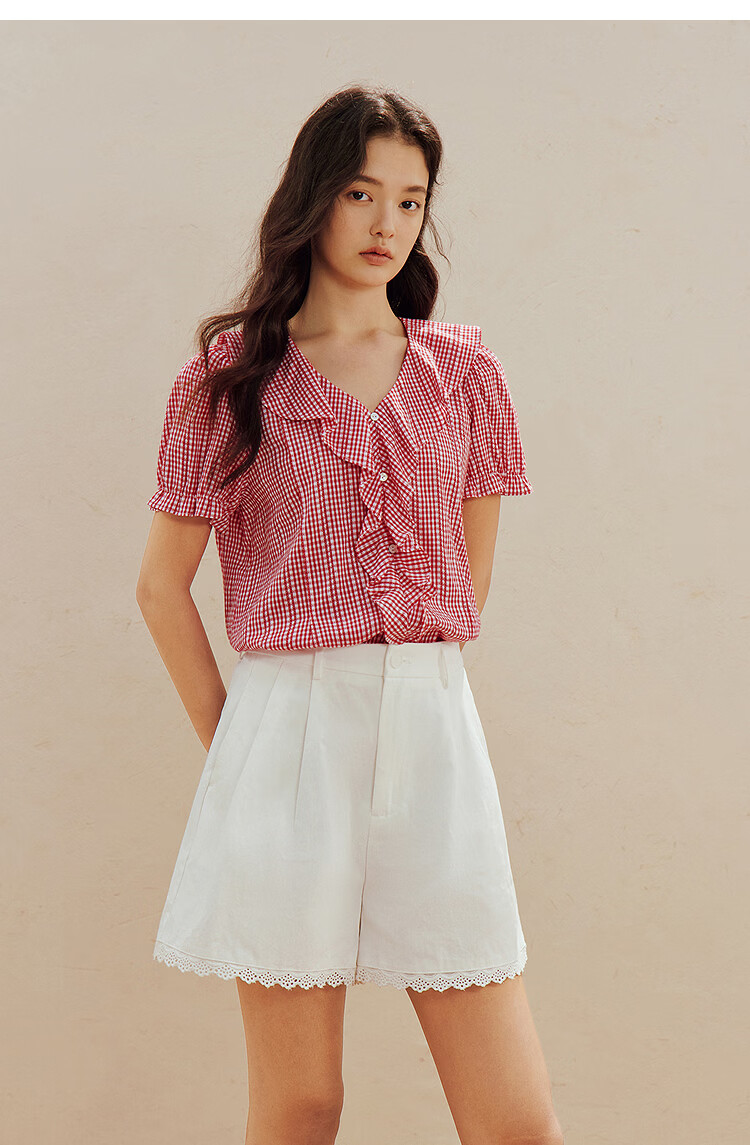 INMAN French Vintage Red Plaid Short Sleeve Shirt 26 Summer New Women's Ruffle Beaded Top Navy Plaid L 25
