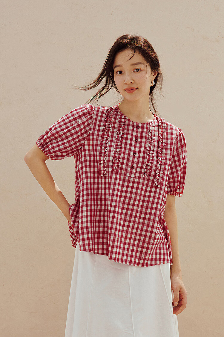 INMAN French Vintage Red Plaid Short Sleeve Shirt 26 Summer New Women's Ruffle Beaded Top Navy Plaid L 30