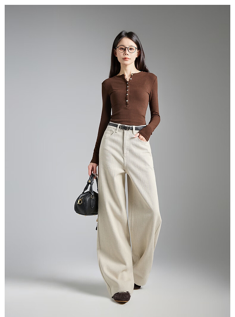 TonLion 2026 Spring Women's Herringbone Denim Pants Light Beige Almond Size 25 14