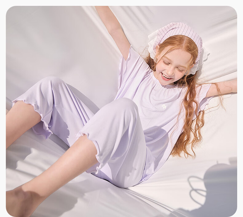 AIMER KIDS Girls' Loungewear Set Short Sleeve Top and Capri Pajama Pants in Taro Purple, Size 160 13