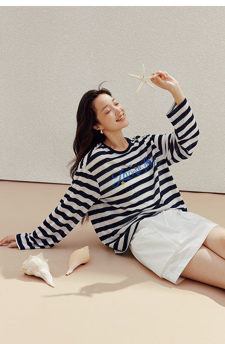 INMAN Lazy Stripe Letter Print Beaded Lightweight T-Shirt 26 Summer New Women's Long Sleeve Top Navy White Stripe L 15