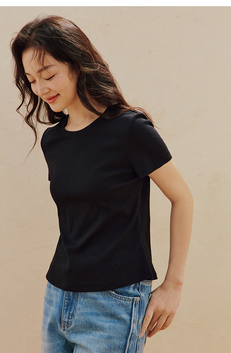 INMAN Casual Fitted Crew Neck Short Sleeve T-Shirt 26 Summer Women's New Solid Color Inner Top White M 13
