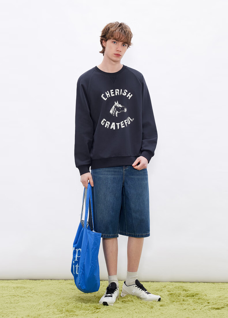 Gxgjeans Men's American Vintage Colorblock Trendy Graphic Loose Fit Crewneck Sweatshirt 26 Spring New Light Gray 180/XL 7