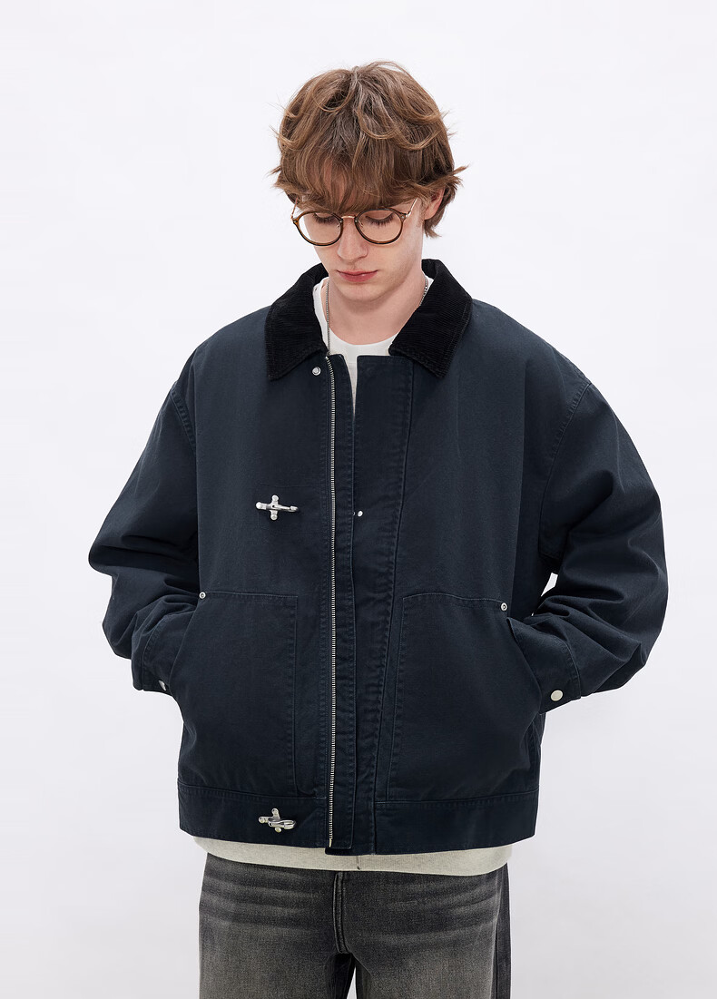Gxgjeans Men's American Vintage Airplane Buckle Workwear Collar Jacket Coat 26 Spring New Dark Green 180/XL 10