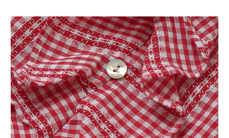 INMAN French Vintage Red Plaid Short Sleeve Shirt 26 Summer New Women's Ruffle Beaded Top Navy Plaid L 23
