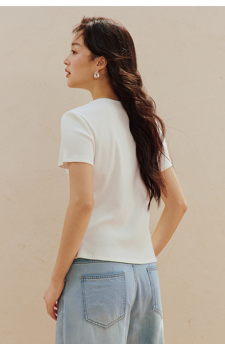 INMAN Casual Fitted Crew Neck Short Sleeve T-Shirt 26 Summer Women's New Solid Color Inner Top White M 18