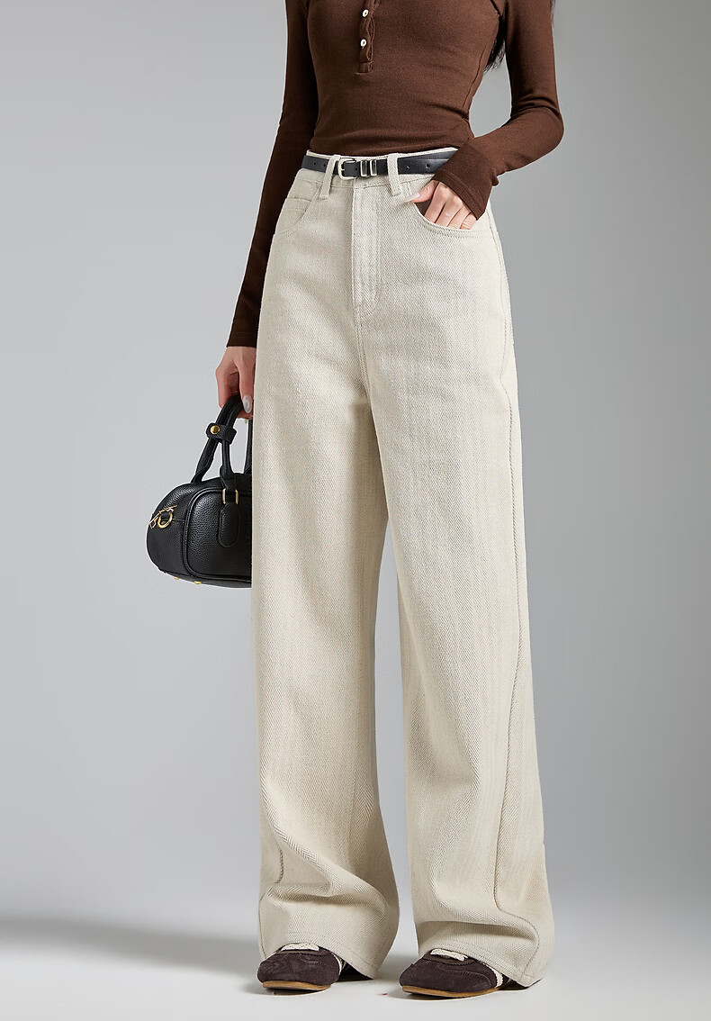 TonLion 2026 Spring Women's Herringbone Denim Pants Light Beige Almond Size 25 2