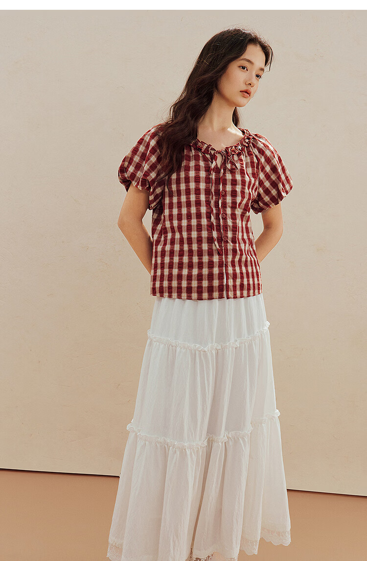 INMAN French Vintage Red Plaid Short Sleeve Shirt 26 Summer New Women's Ruffle Beaded Top Navy Plaid L 9