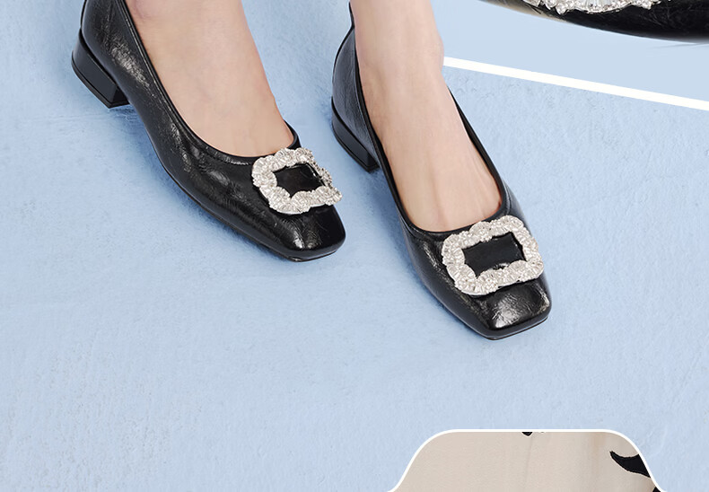 Basto 26 Spring Fashion Shiny Rhinestone Commuting Low-Cut Square Toe Women's Flats R6162AQ6 Beige 37 9