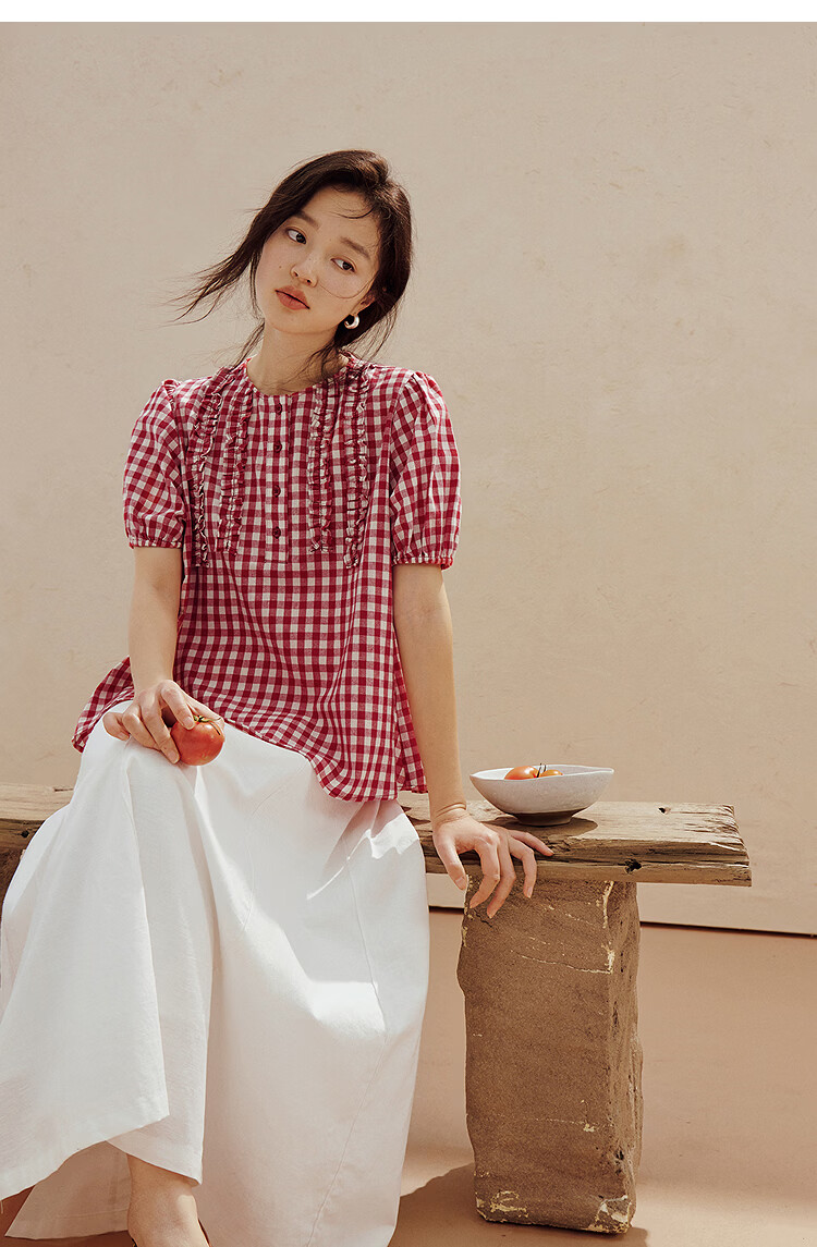 INMAN French Vintage Red Plaid Short Sleeve Shirt 26 Summer New Women's Ruffle Beaded Top Navy Plaid L 40