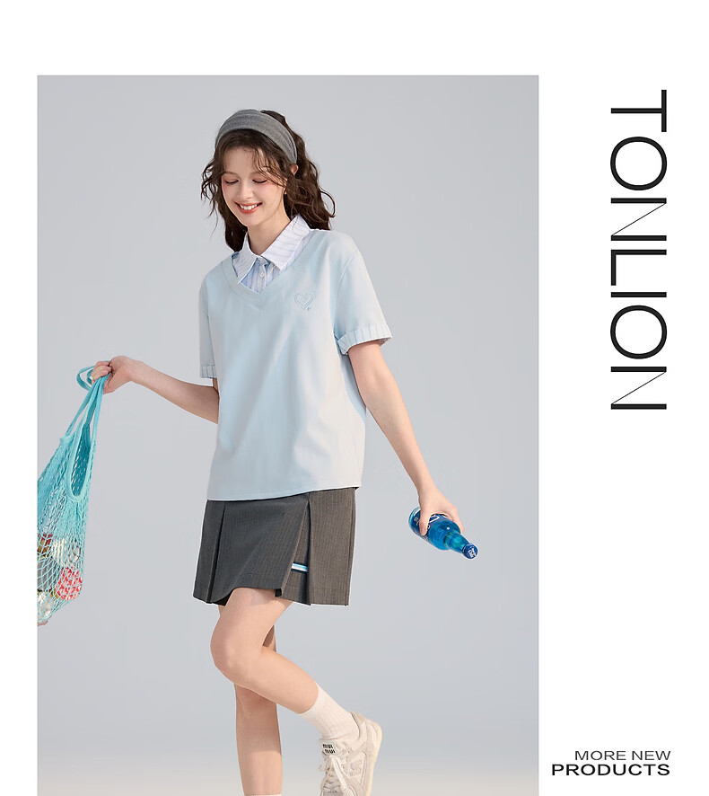 TonLion 2026 Spring Summer Women's Short Sleeve Polo Shirt New Fake Two-Piece Casual Stylish Lapel Early Spring 3