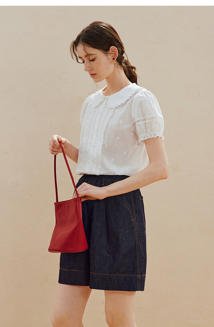 INMAN INMAN [Runway Style] Puff Sleeve Lace Peter Pan Collar Blouse, Summer 2026, Pure Cotton Short Sleeve, White, Size L 10
