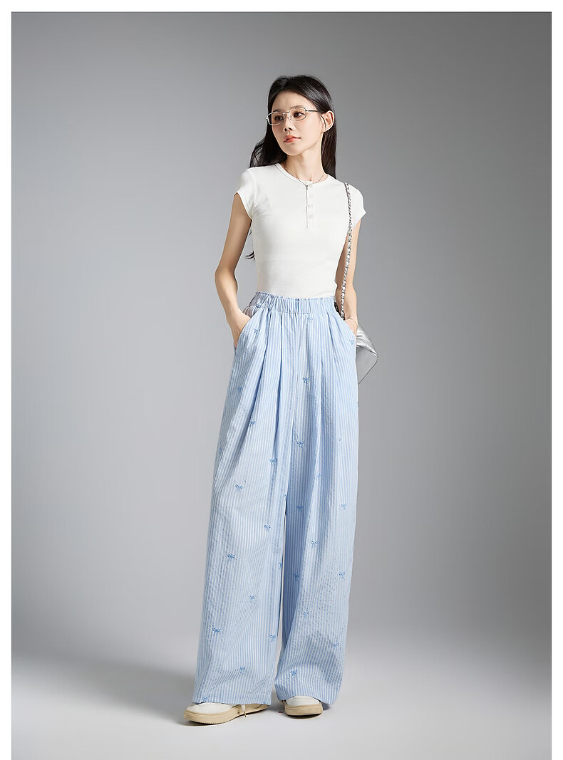 TonLion 2026 Spring Women's Embroidered Casual Pants Light Blue M 28