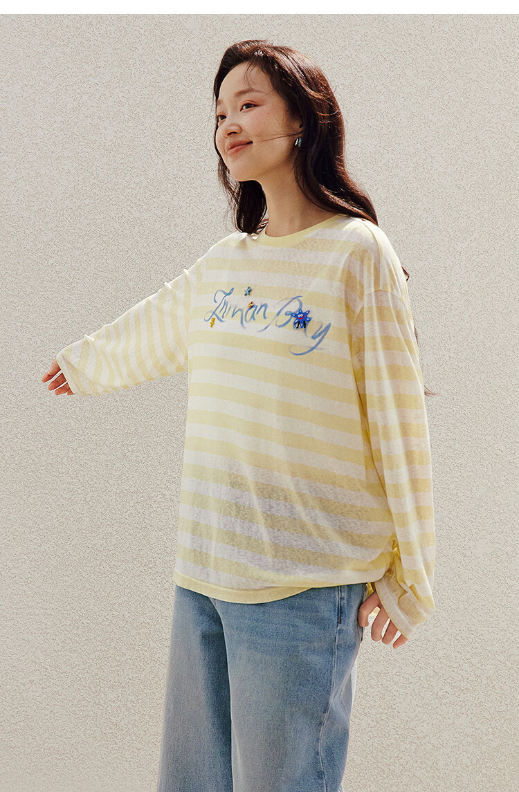 INMAN Lazy Stripe Letter Print Beaded Lightweight T-Shirt 26 Summer New Women's Long Sleeve Top Navy White Stripe L 23