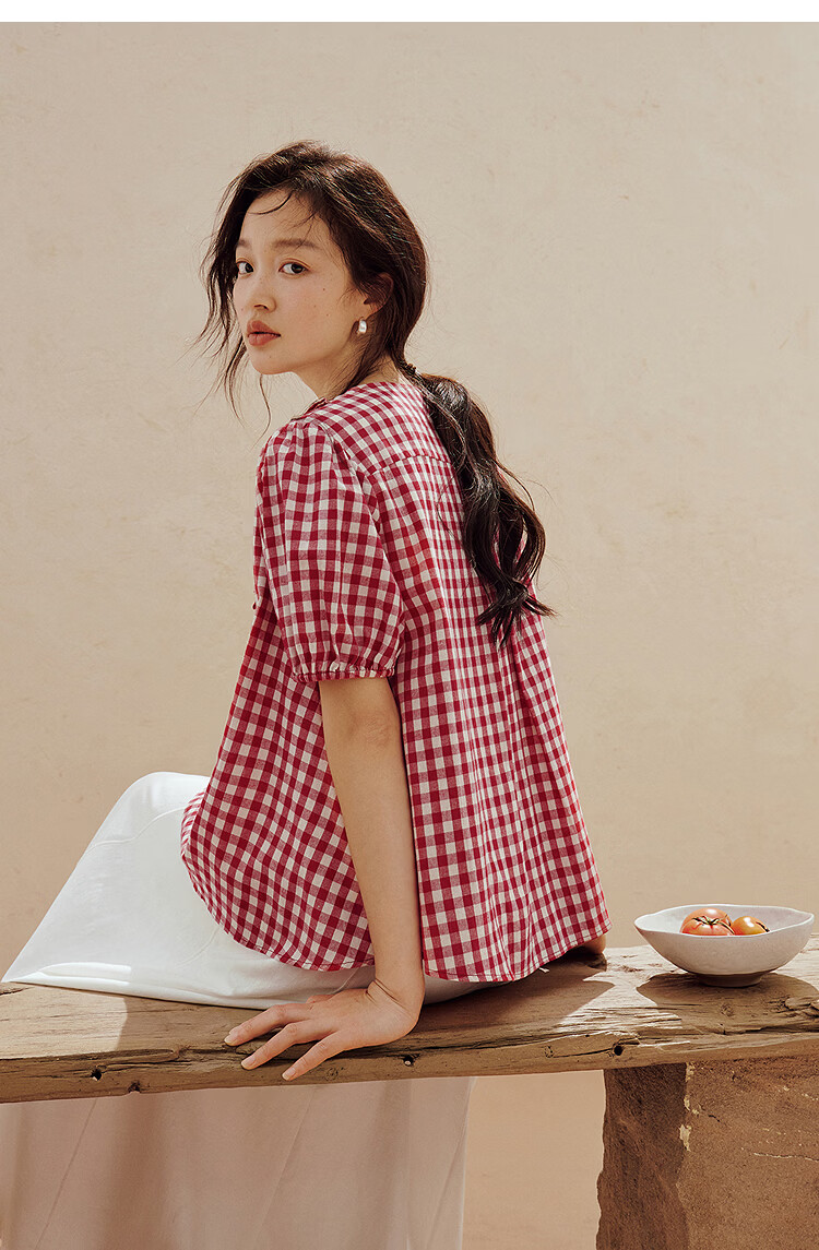 INMAN French Vintage Red Plaid Short Sleeve Shirt 26 Summer New Women's Ruffle Beaded Top Navy Plaid L 41