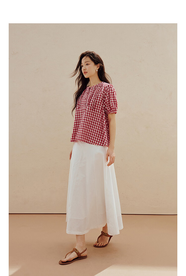 INMAN French Vintage Red Plaid Short Sleeve Shirt 26 Summer New Women's Ruffle Beaded Top Navy Plaid L 32