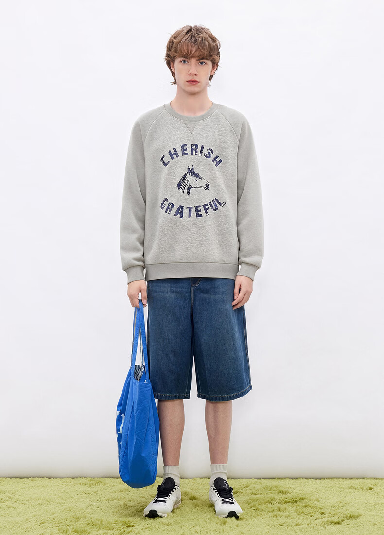 Gxgjeans Men's American Vintage Colorblock Trendy Graphic Loose Fit Crewneck Sweatshirt 26 Spring New Light Gray 180/XL 13