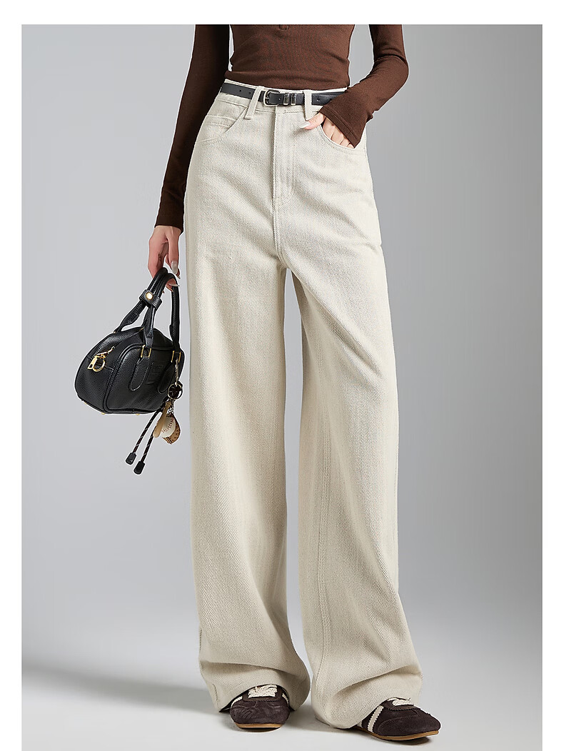 TonLion 2026 Spring Women's Herringbone Denim Pants Light Beige Almond Size 25 6