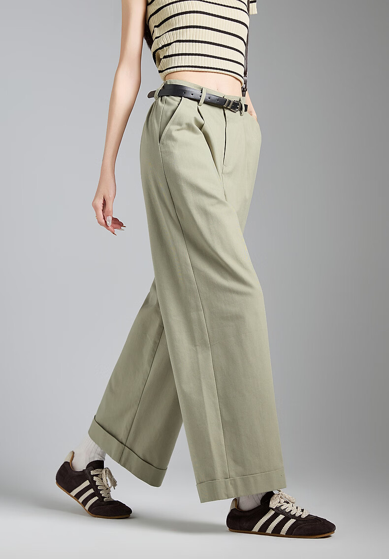 TonLion 2026 Spring Turn-up Women's Casual Pants Khaki Green M 2