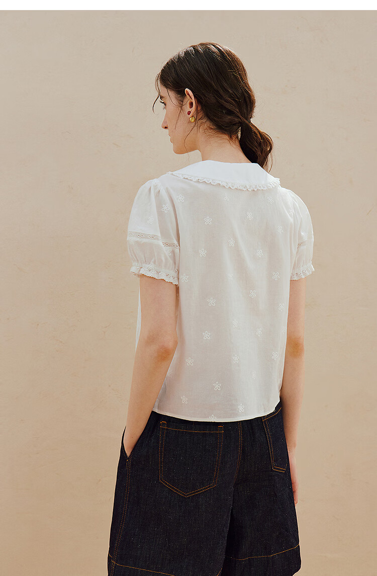INMAN INMAN [Runway Style] Puff Sleeve Lace Peter Pan Collar Blouse, Summer 2026, Pure Cotton Short Sleeve, White, Size L 13