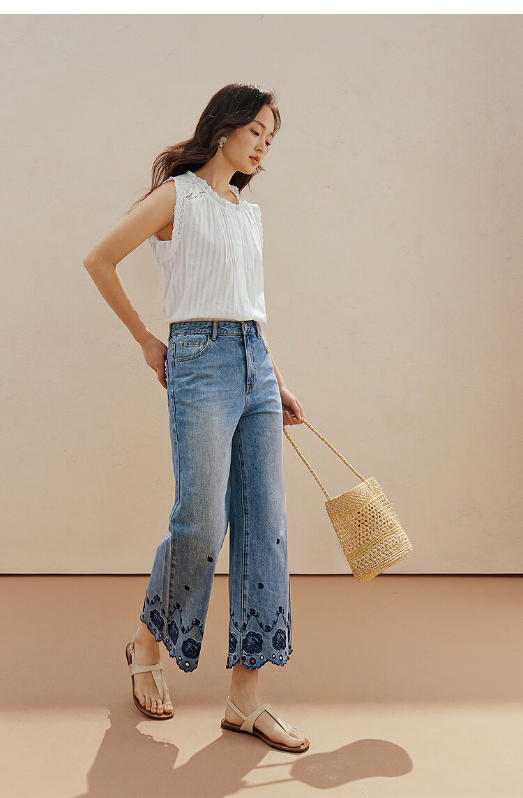 INMAN INMAN [Runway Style] Embroidered Wide-Leg Cropped Jeans, Summer 2026 Women's Embellished Pants, Denim Blue, Size 26 10