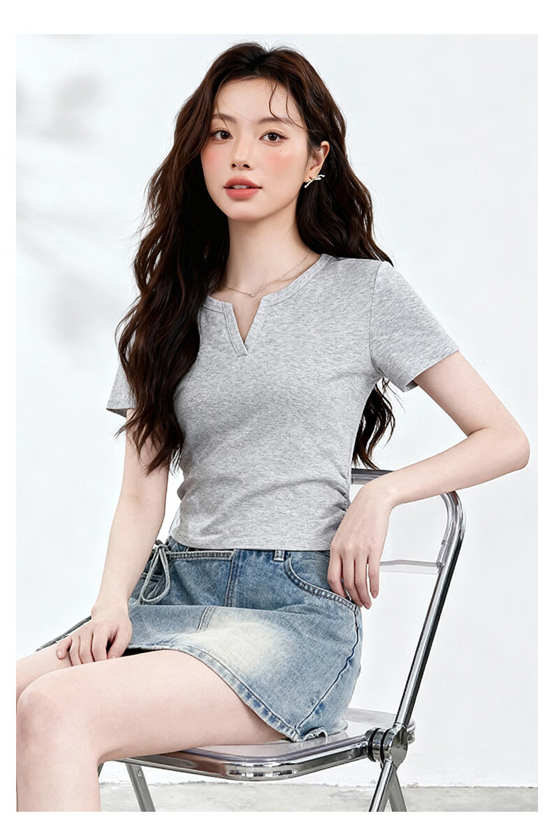 MJ STYLE V-Neck Slim Fit Short Sleeve T-Shirt for Women Summer 2026 New Waist Ruched Slimming Versatile Basic Top 5