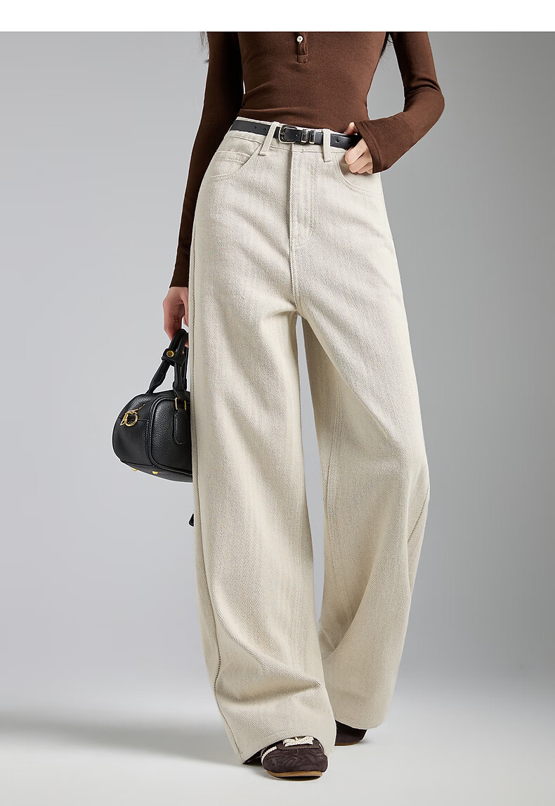 TonLion 2026 Spring Women's Herringbone Denim Pants Light Beige Almond Size 25 8