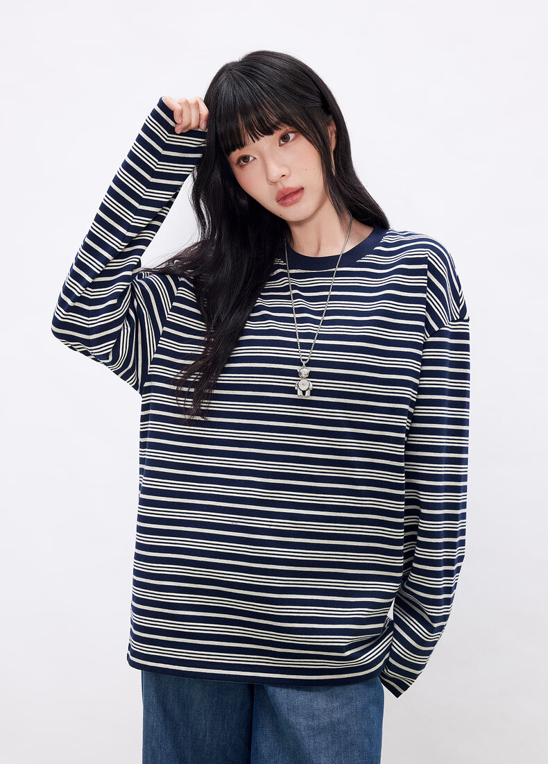 Gxgjeans Men's Striped Loose Casual Crew Neck Long Sleeve T-Shirt 26 Spring New Navy White Stripes L (175) 6