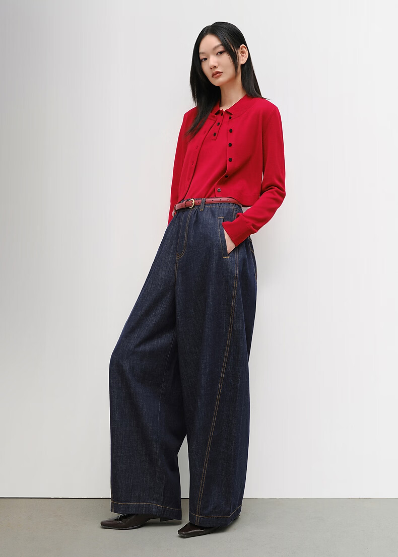 Peacebird Women's High-Waist Loose Lantern Wide-Leg Denim Jeans Elastic Waist Dark Blue Denim Pants L 31