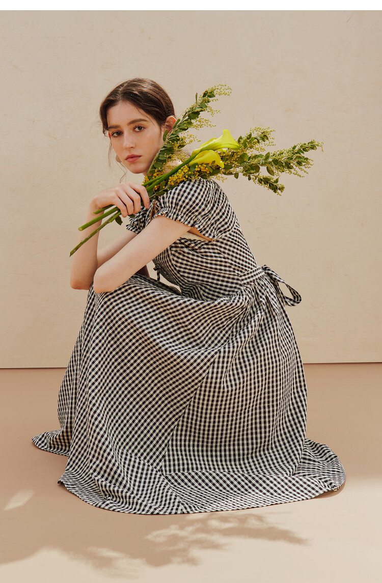 INMAN Plaid Bowknot V-Neck Puff Sleeve Dress 26 Summer New Women's Tie Waist Long Dress Black and White Check S 11