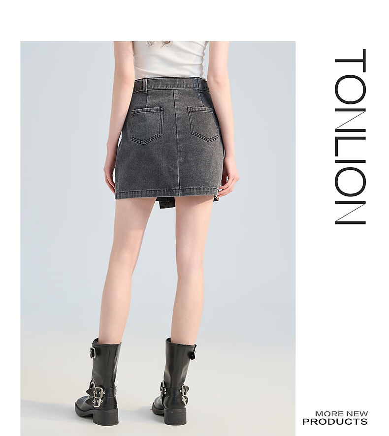 TonLion Summer New Women's Washed Cotton Blend Black Gray Denim Mini Skirt Slimming Commuter Style 7