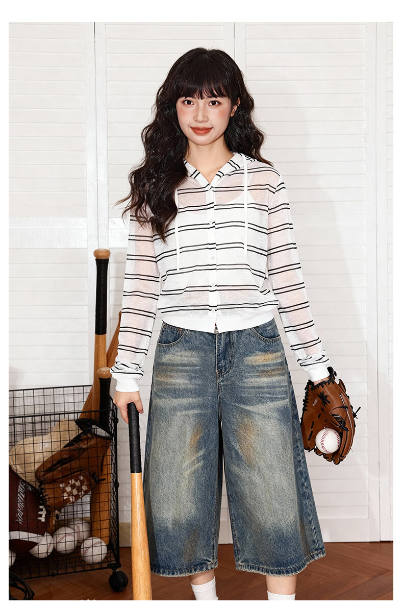 TonLion Women's Hooded Jacket Spring Summer Breathable Cool Striped Design Petite Short Long Sleeve Cardigan 10