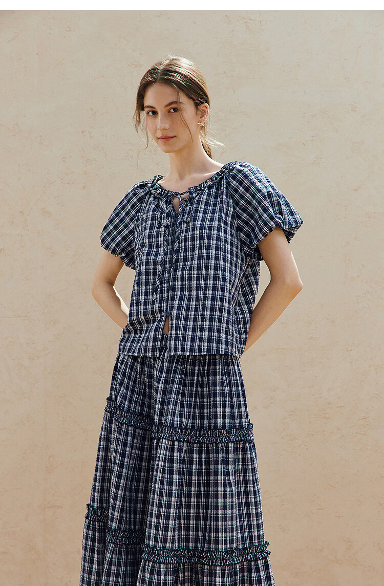 INMAN French Vintage Red Plaid Short Sleeve Shirt 26 Summer New Women's Ruffle Beaded Top Navy Plaid L 14
