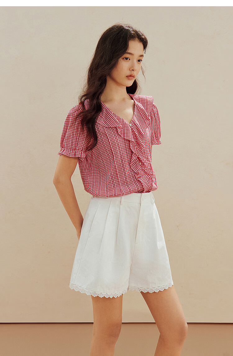 INMAN French Vintage Red Plaid Short Sleeve Shirt 26 Summer New Women's Ruffle Beaded Top Navy Plaid L 28