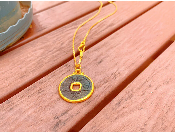 老凤凰开元通宝真品古币铜钱黄金吊坠平安扣999足金土耳其金项链女