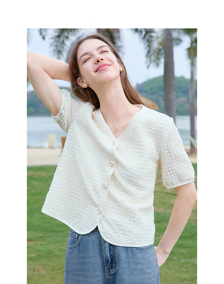 Baitu Women's Summer New Short Jacket V-Neck Chanel Style Organza Embroidered Fabric Top 2503T68 15