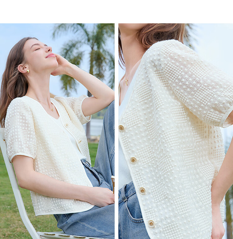 Baitu Women's Summer New Short Jacket V-Neck Chanel Style Organza Embroidered Fabric Top 2503T68 13